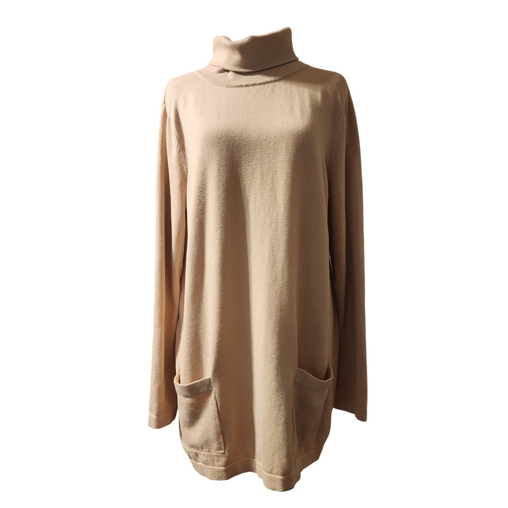 Talbots Women's Beige Knit Tunic Top L Long Sleeve Pockets Roll Neck Sweater